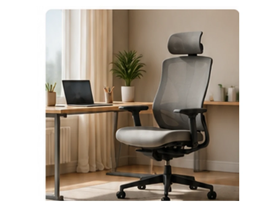 Calm, neutral home workspace with an ergonomic chair beside a desk.